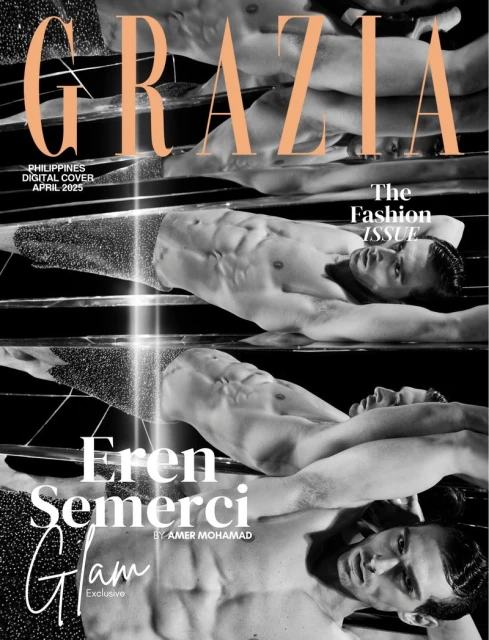 GRAZIA magazine cover featuring a shirtless male model Eren Semerci, April 2025, Philippines digital cover, black and white.
