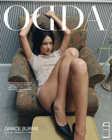 Magazine cover featuring a woman posing in an armchair. The cover has a neutral color palette with text reading OCPA and Grace Burns.
