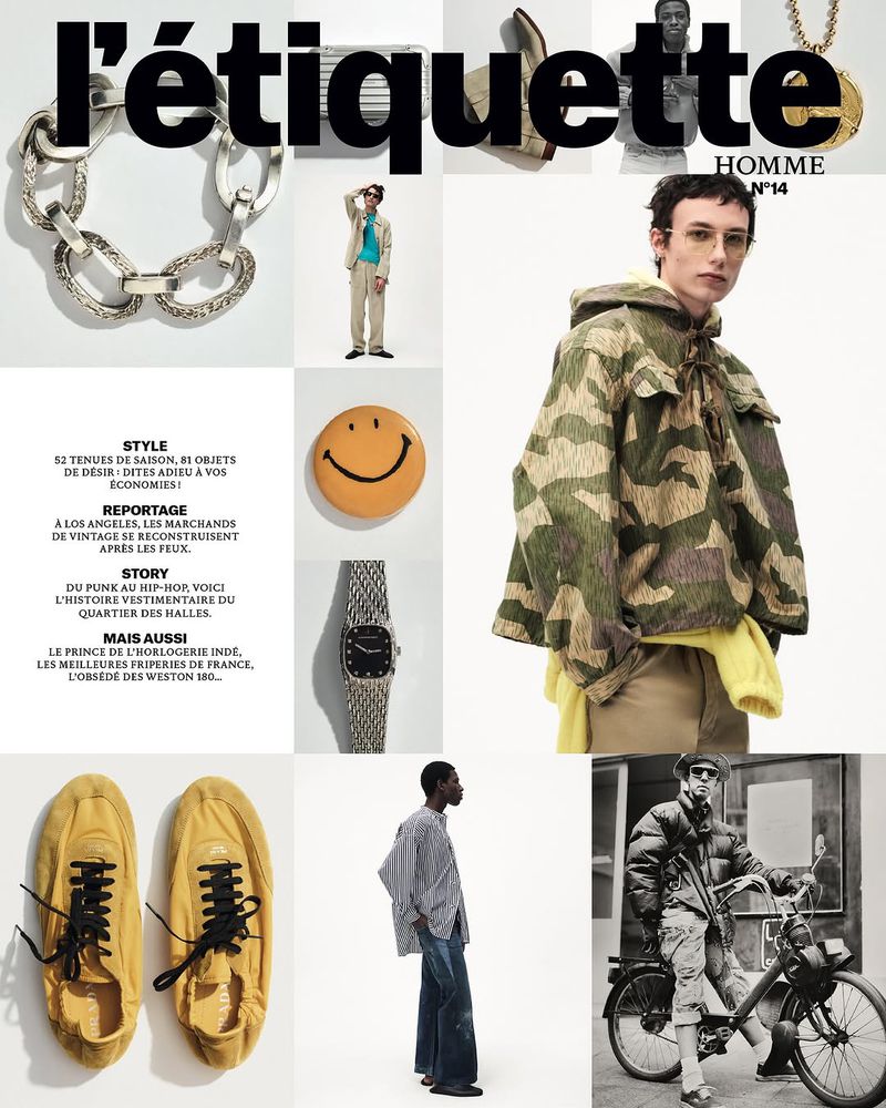 Collage of editorial fashion images featuring apparel, accessories, and black and white photos of people and modes of transportation.