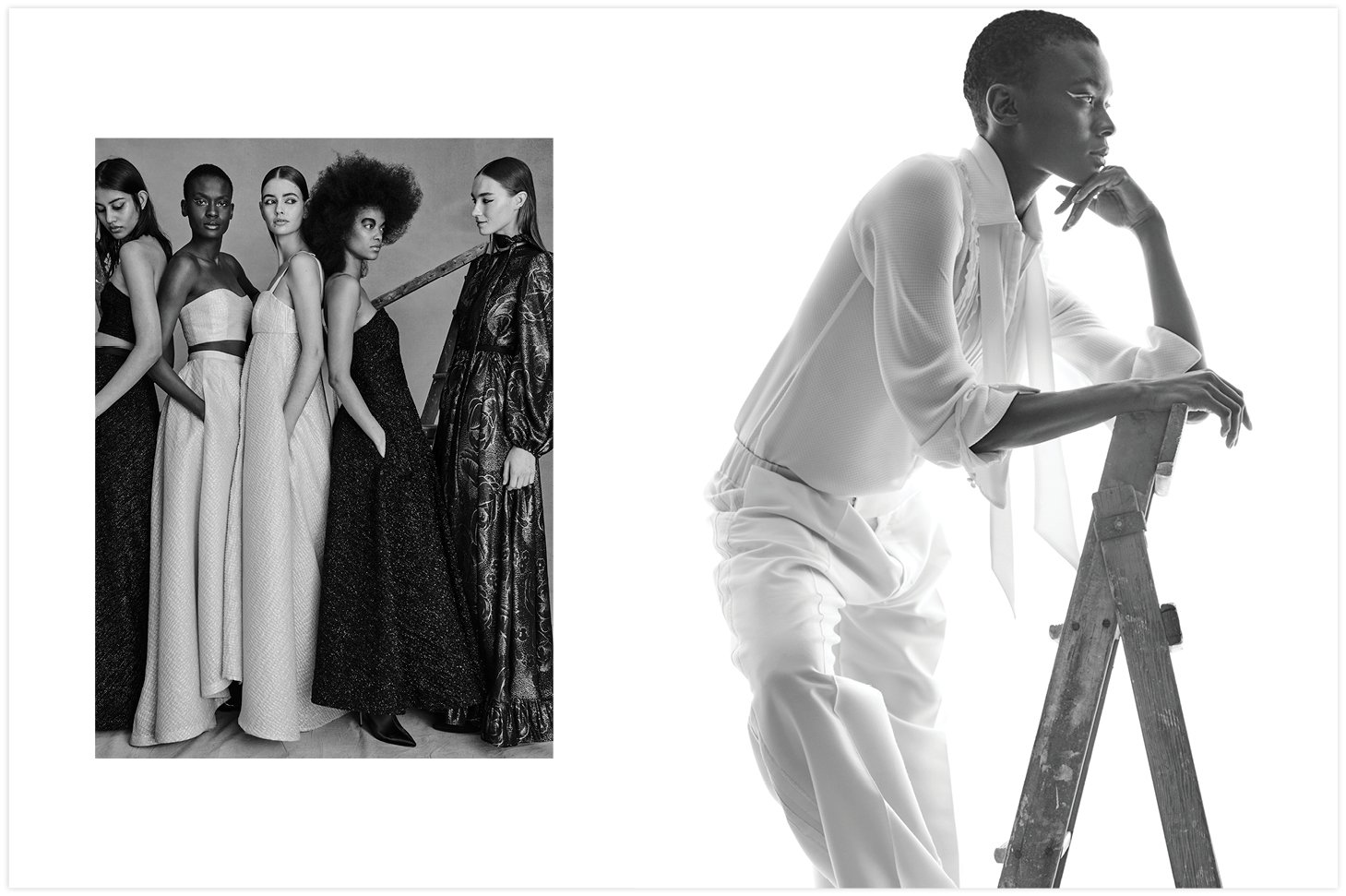 Black-and-white fashion editorial shot featuring a group of poised fashion models in dresses and a lone model on a ladder.