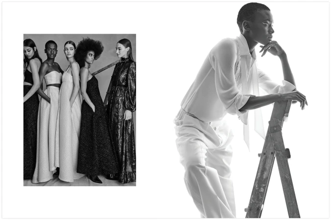 Black and white fashion shot featuring an African model leaning on a ladder and a group of five female models in evening gowns.