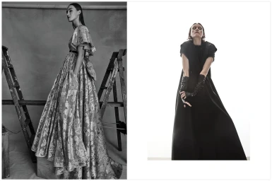 Two-panel black and white fashion layout featuring models in formal gowns posing with ladders and in a minimalist studio.