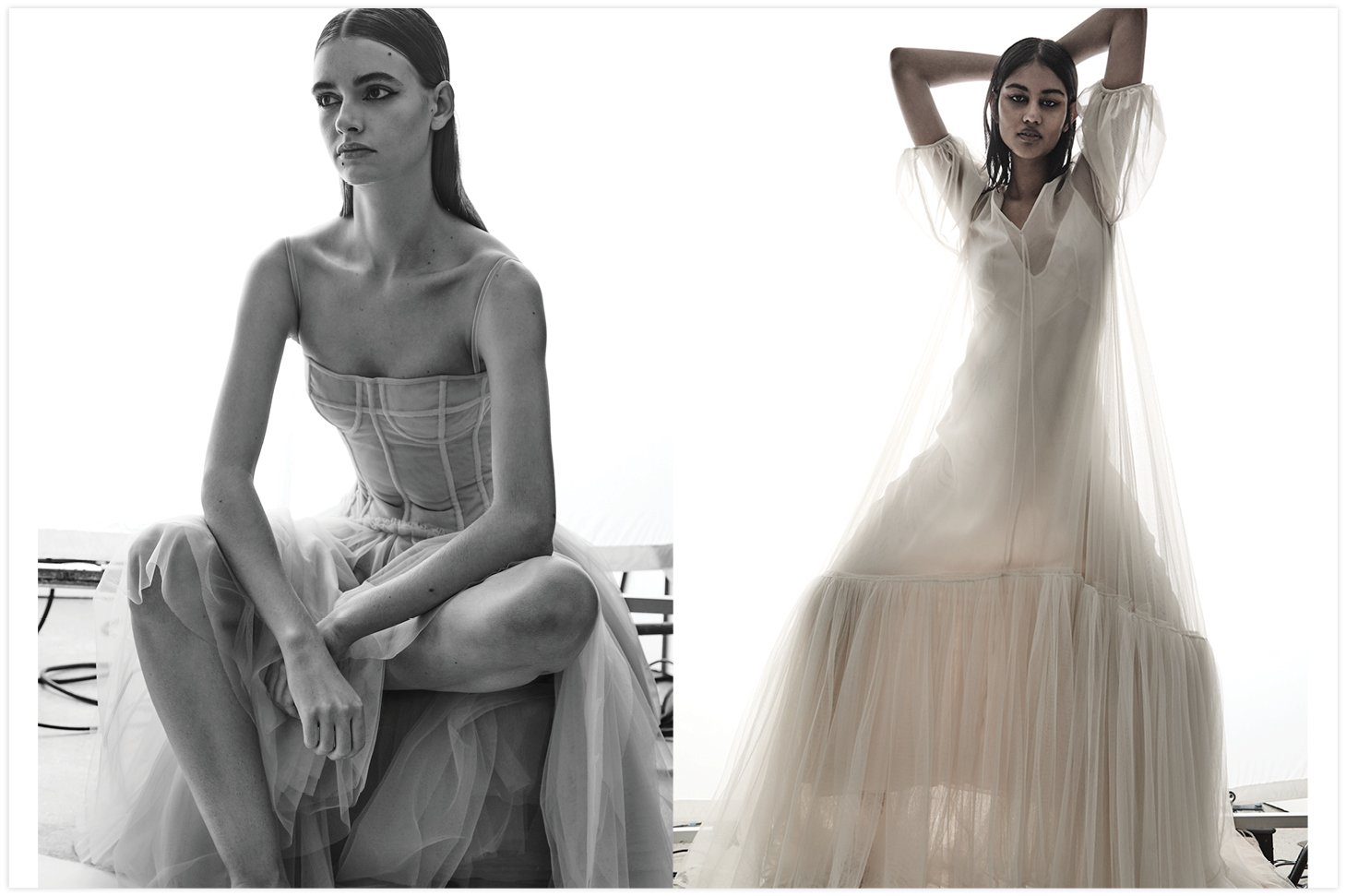 Two women in tulle dresses pose against a bright background. One model sits, and the other stands with hands behind her head.