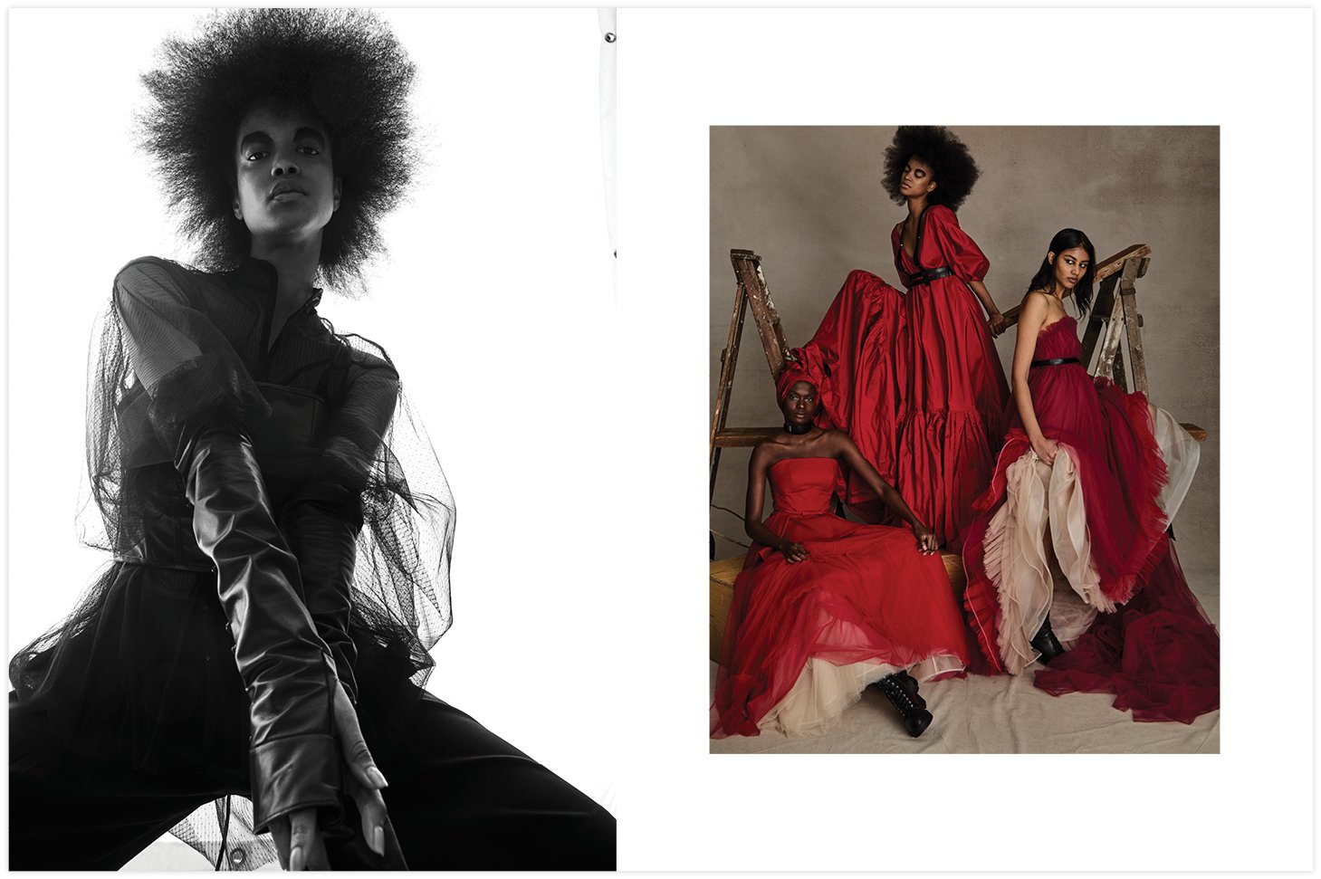 Monochrome fashion shot: a Black woman in sheer top and pants contrasts with a group of women in flowing red gowns and dresses.