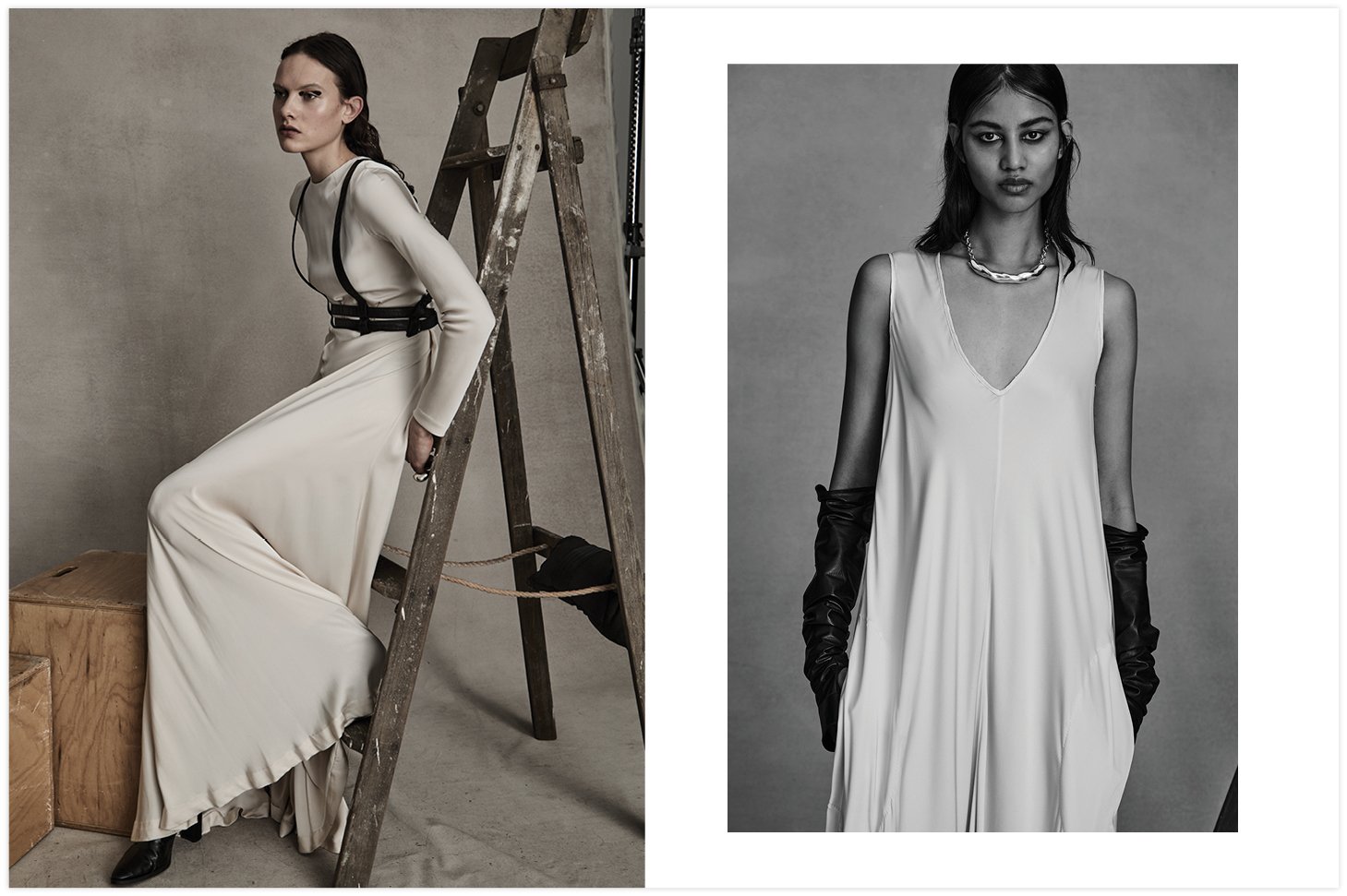 Two fashion portraits of a model wearing floor-length beige dress with black leather harness next to a wood ladder and silver necklace.