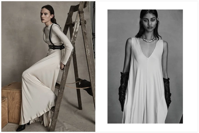 Two fashion portraits of a model wearing floor-length beige dress with black leather harness next to a wood ladder and silver necklace.