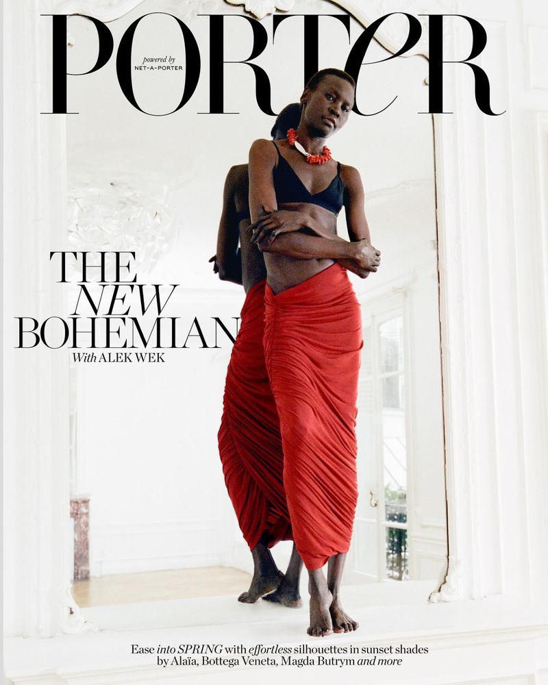 Magazine cover featuring a Black woman in a red skirt and black top, reflected in a mirror, with bold 'PORTER' title text above.