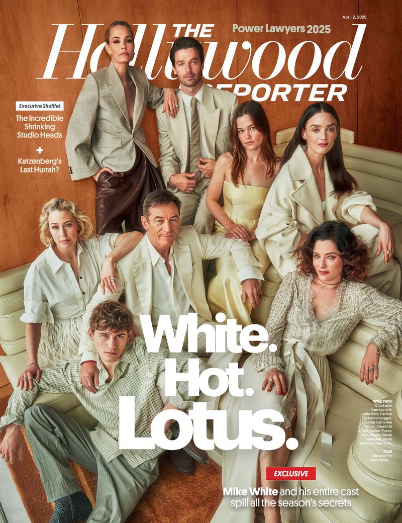 Hollywood Reporter magazine cover featuring the cast of 'White Lotus' in coordinated neutral and pastel tones, set against a warm wood background.