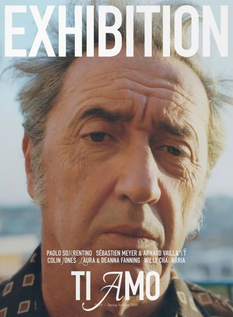 Close-up of a mature adult male's face in soft daylight, promoting the 'Exhibition' film, featuring cast names and 'Ti Amo' title.