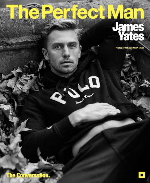 Magazine cover featuring a blond man wearing a Polo hoodie, reclining among fall leaves and concrete, with yellow sans-serif text.