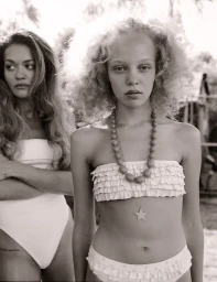 Rita Ora and another model in white swimwear wearing statement beaded necklace and star pendant for Re-Edition Magazine editorial.