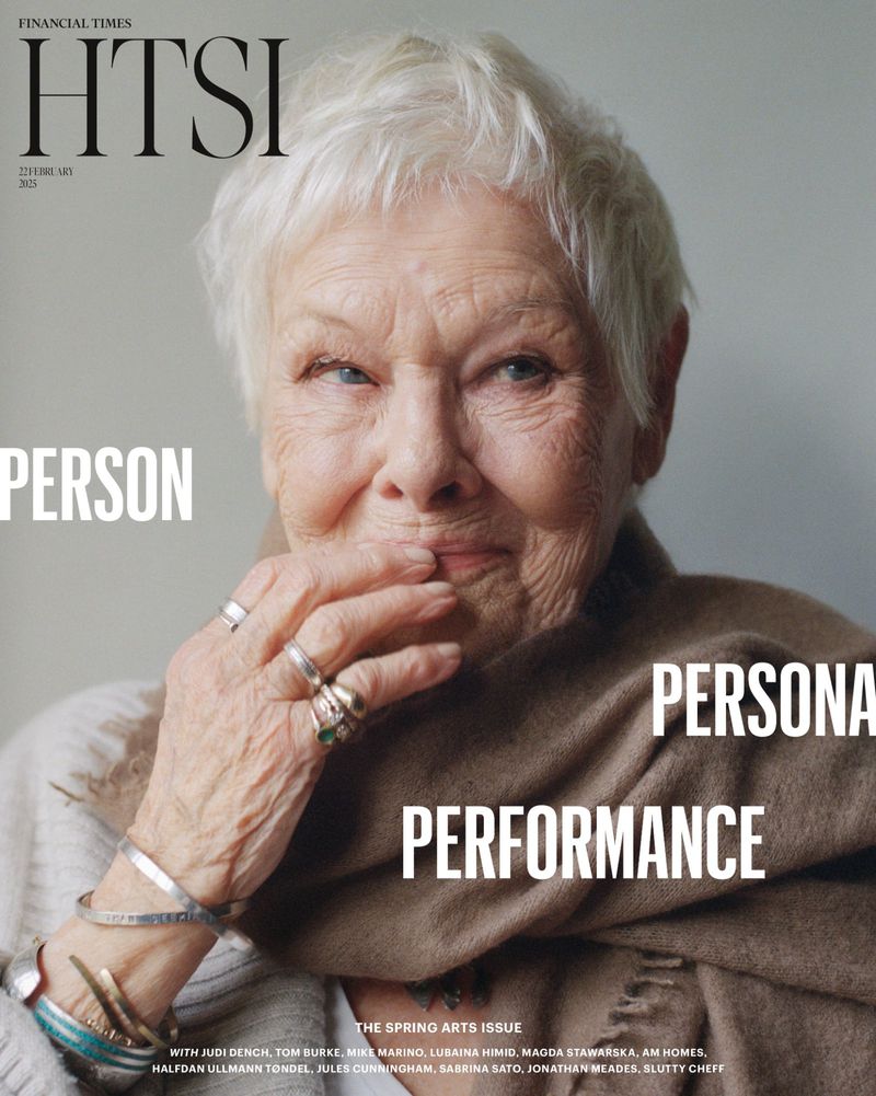 Close-up magazine cover featuring Judi Dench, an elderly woman with white hair, wearing a scarf, with text overlay, and financial times logo.