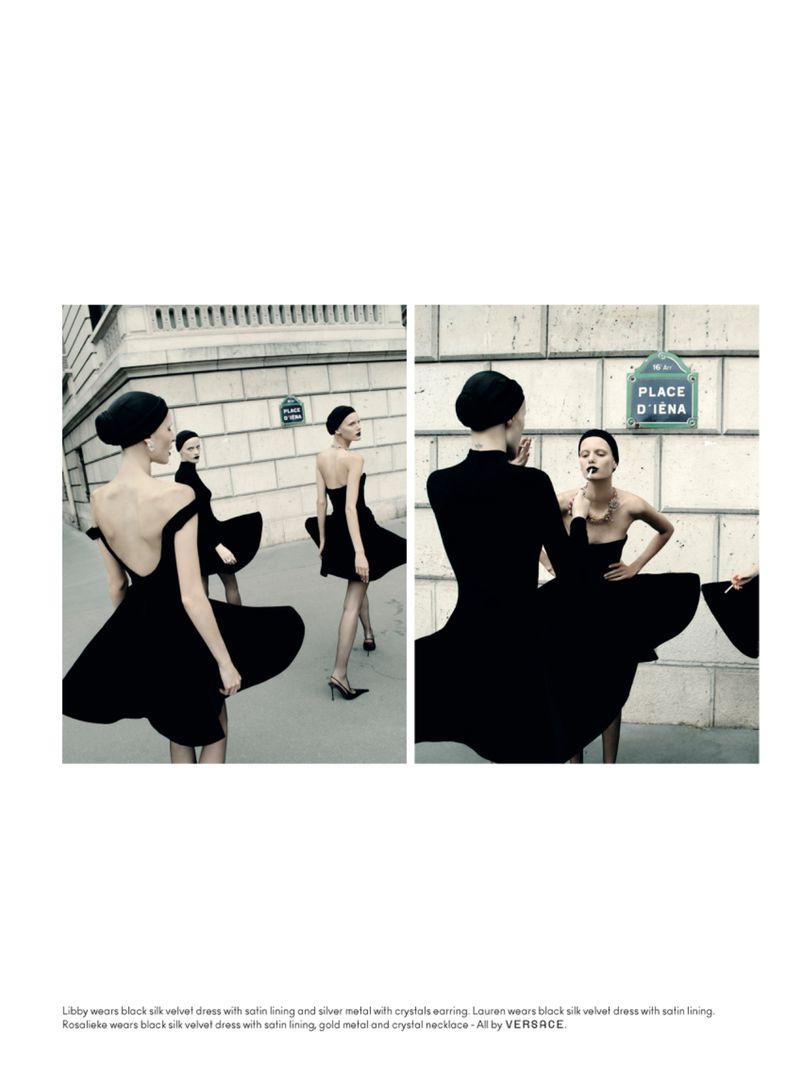 Multiple exposures showcase women in black dresses on city sidewalk. Modern fashion editorial photography with Parisian architecture.
