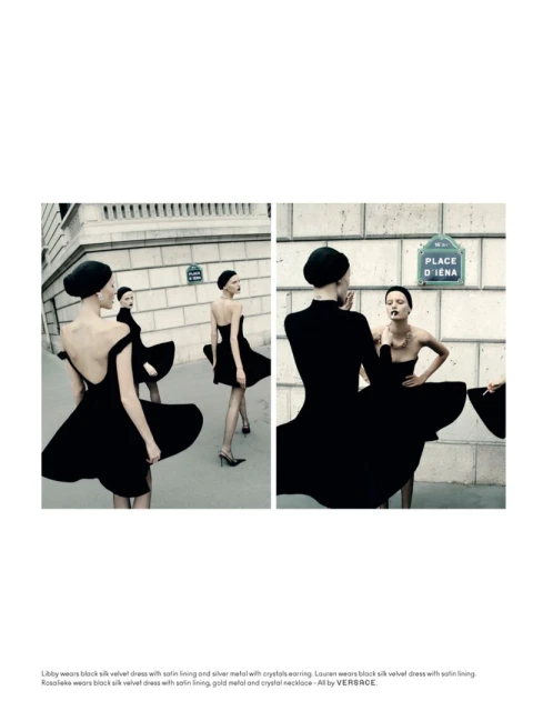 Multiple exposures showcase women in black dresses on city sidewalk. Modern fashion editorial photography with Parisian architecture.