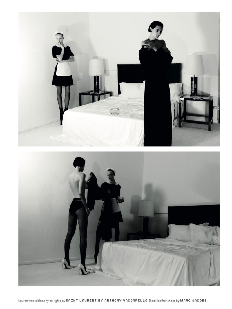 Black-and-white fashion shot features two scenes of women in a bright room with a bed, capturing an editorial and lifestyle aesthetic.