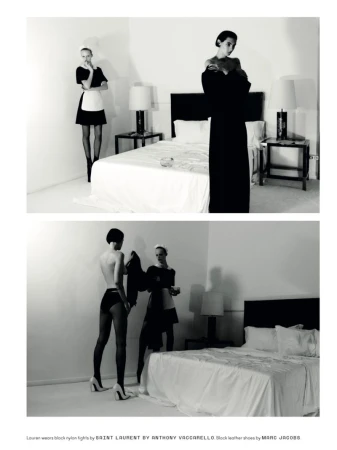 Two-panel black and white fashion editorial featuring models in a hotel bedroom setting photographed by Robin Galiegue.