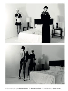 Two monochrome split-frame panels show models in a bedroom setting, featuring a maid-costumed figure and a woman in a long black dress.