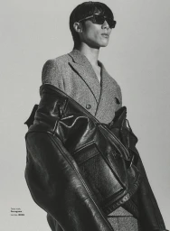Man wearing dark sunglasses and a houndstooth blazer with a black leather jacket for GQ Mexico editorial.