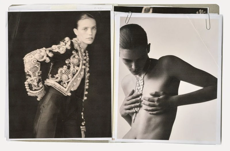 Two black and white photographs: one of a woman in an embroidered jacket, the other of a woman with a statement necklace.