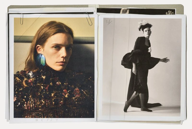 Two fashion photos: one color portrait of a model wearing statement earrings, and a vintage-style black-and-white full-body fashion shot.