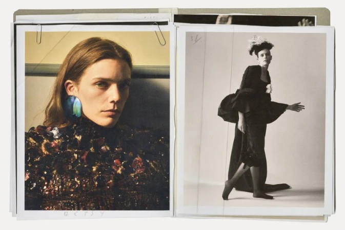 Two fashion photos: one color portrait of a model wearing statement earrings, and a vintage-style black-and-white full-body fashion shot.