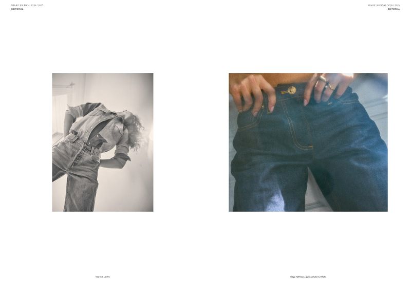 Fashion editorial shot features two closeups of models in denim. One model poses in a denim jumpsuit, the other in denim jeans.