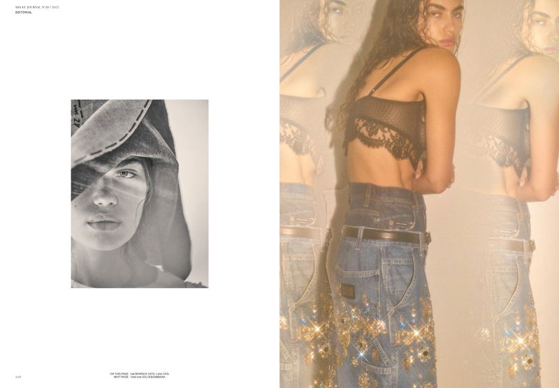 Editorial fashion shot with a woman in denim pants and a lace top, captured in a photo studio, contrasted by a close-up portrait.