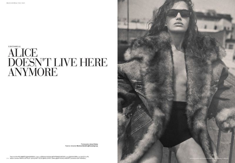 Monochrome fashion editorial featuring model Alana Felisberto wearing dark sunglasses and a fur-trimmed coat.