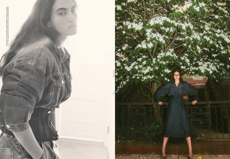 Two women model vintage denim and a dress outdoors, styled in contrasting light and shadow, showcasing a blend of natural and urban fashion.
