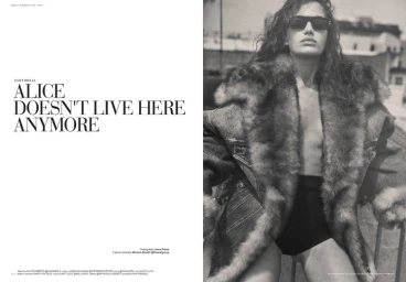 Monochrome fashion editorial featuring model Alana Felisberto wearing dark sunglasses and a fur-trimmed coat.