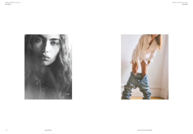 Two-panel fashion editorial spread featuring a black-and-white close-up portrait and a full-length shot of a model wearing denim jeans.