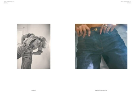 Two-panel fashion editorial featuring a model in denim jeans and a button-down shirt for Mia Le Journal.
