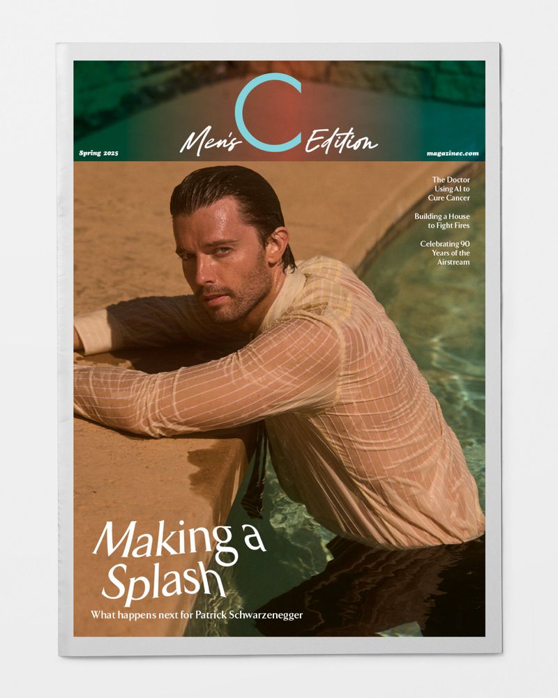 Magazine cover featuring a man in a wet shirt emerging from a pool, with the magazine's title and headlines visible. Fashion editorial.