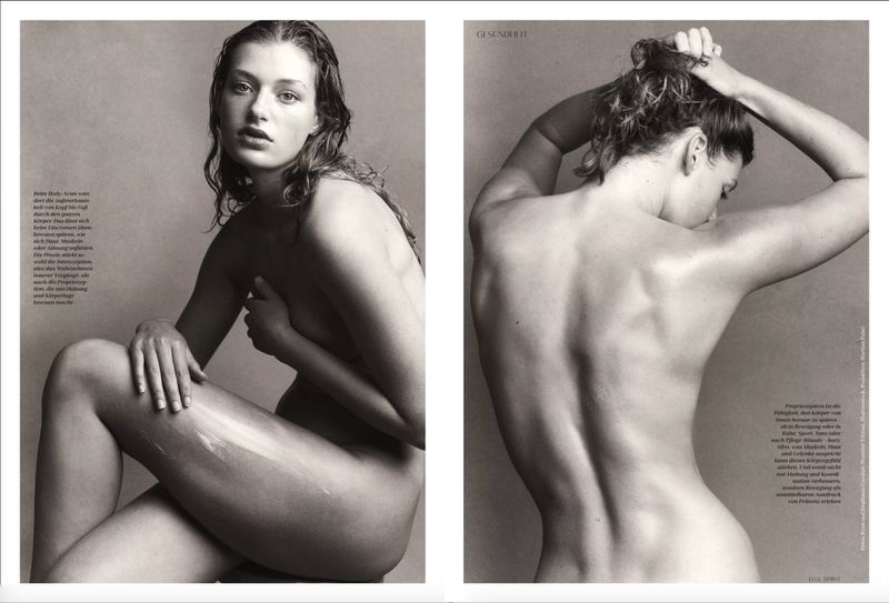 Monochrome double-page spread features a nude woman with lotion applying it to her leg on one side, and her back on the other.