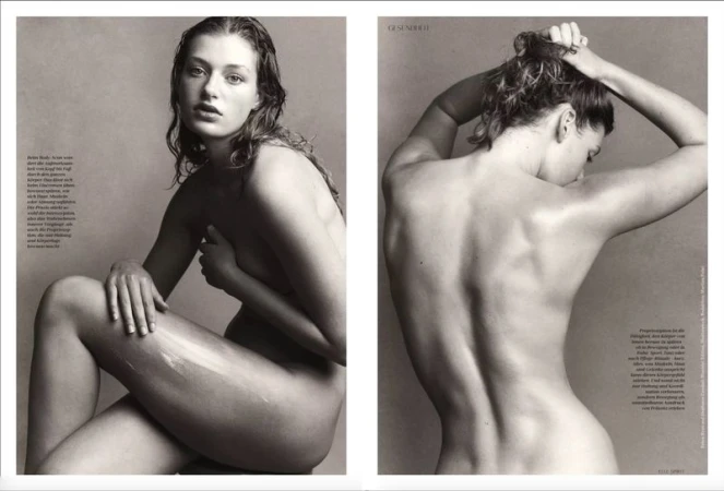 Monochrome double-page spread features a nude woman with lotion applying it to her leg on one side, and her back on the other.