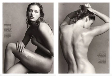 Double page fashion magazine spread featuring a seated woman applying lotion to her leg and a rear view showing her back