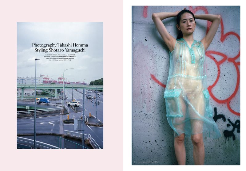 An Asian woman with straight hair in a translucent dress poses against a graffiti wall. Beside, a Japanese highway with cars and buildings.