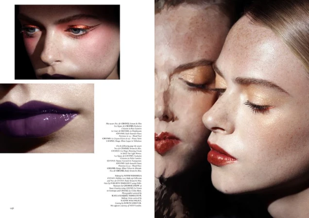 Beauty editorial showcasing bold makeup, including vibrant eyeshadow and glossy lips. Close-up of a woman with colorful eye makeup.