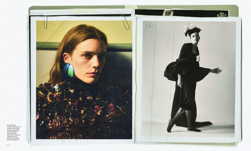Editorial fashion spread in a magazine featuring a woman with an oversized earring and another woman in a black dress.