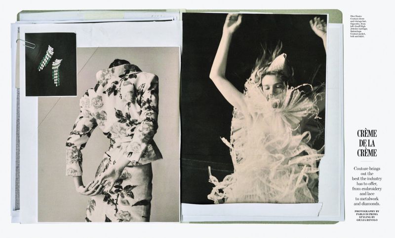 Vintage fashion photography featuring a woman in couture dress, floral suit, and jewelry earrings, presented as a magazine collage.