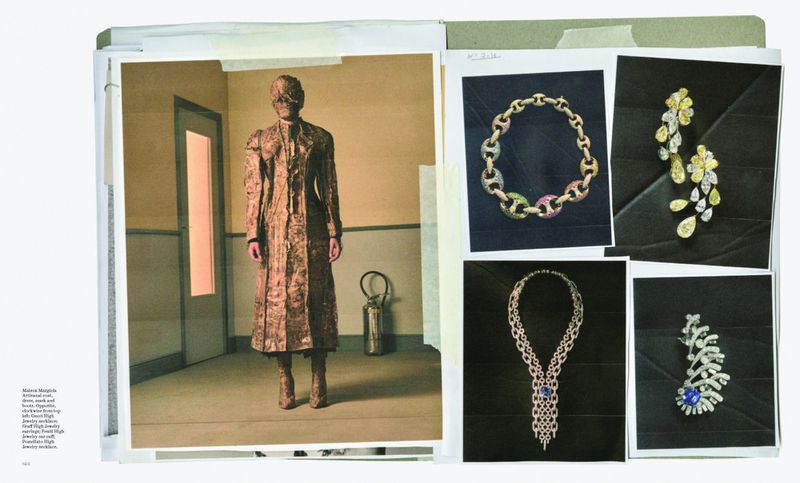 Fashion editorial featuring a person in a textured coat and photos of jewelry, displayed in a magazine or lookbook layout, neutral tones.