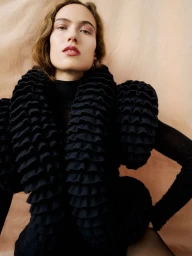 Model in black ruffled textured garment posing against a neutral draped backdrop for Elle Denmark