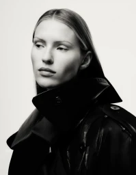 Black and white portrait of a woman wearing a dark collared coat against a plain background