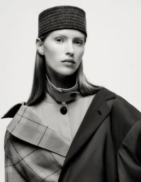 Monochrome portrait of a model wearing a structured pillbox hat and layered patterned coat against a plain white background.
