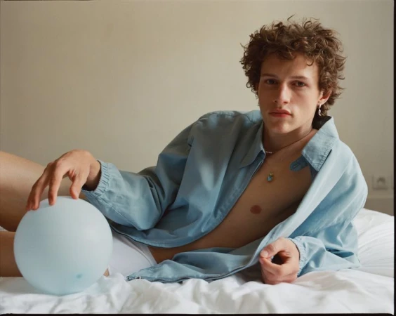 Young adult male poses on a bed with a blue balloon, wearing a jacket and briefs, photographed in a casual indoor setting.