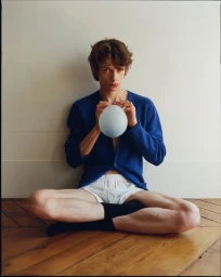 Young man in blue cardigan and white shorts sitting on wooden floor holding balloon for editorial by Rob Tennent