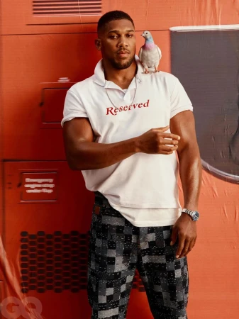 Anthony Joshua portrait with a grey pigeon perched on his shoulder, wearing a white polo shirt, dark pants, against a reddish-orange backdrop.