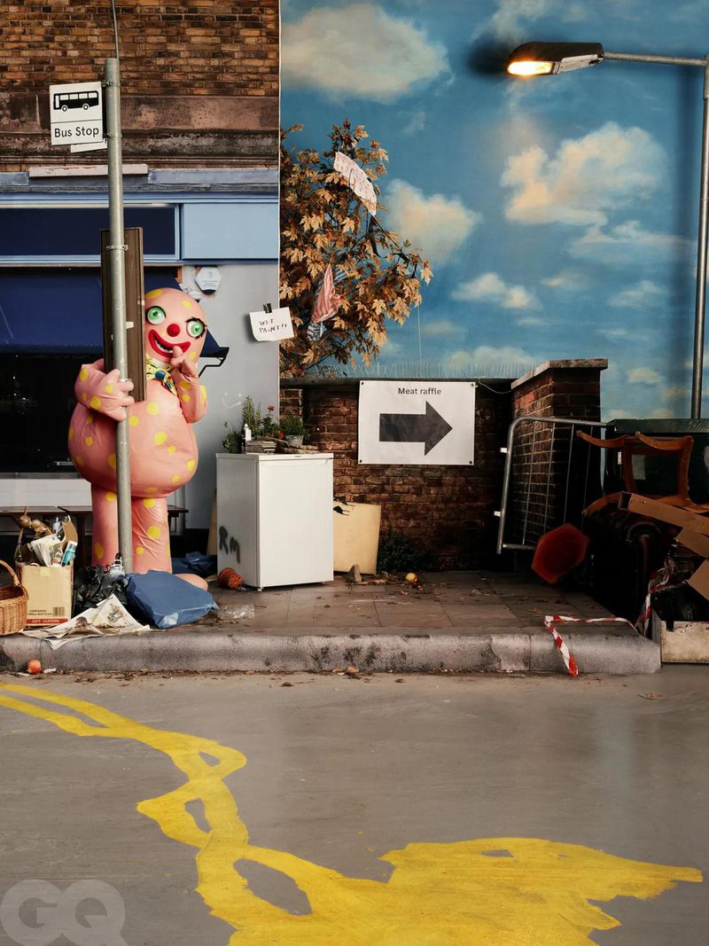 Clown figure stands next to a bus stop sign on a city street with peeling yellow paint, vintage objects, and an illustrated backdrop.