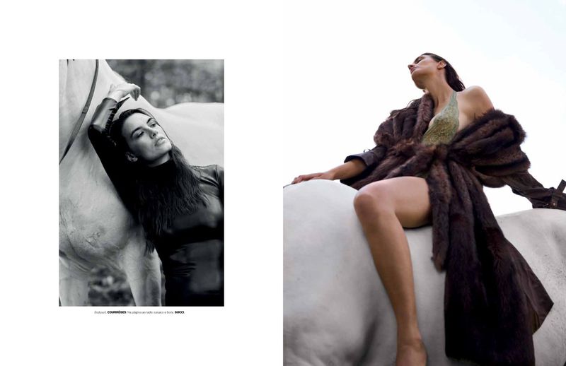 Fashion shot featuring a woman in a fur coat sitting on a white horse outdoors, juxtaposed with a black and white portrait.