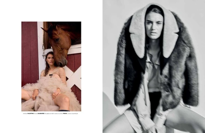 Fashion editorial shot of an adult female model wearing a fur coat, juxtaposed with a shot of a woman and horse by a barn.